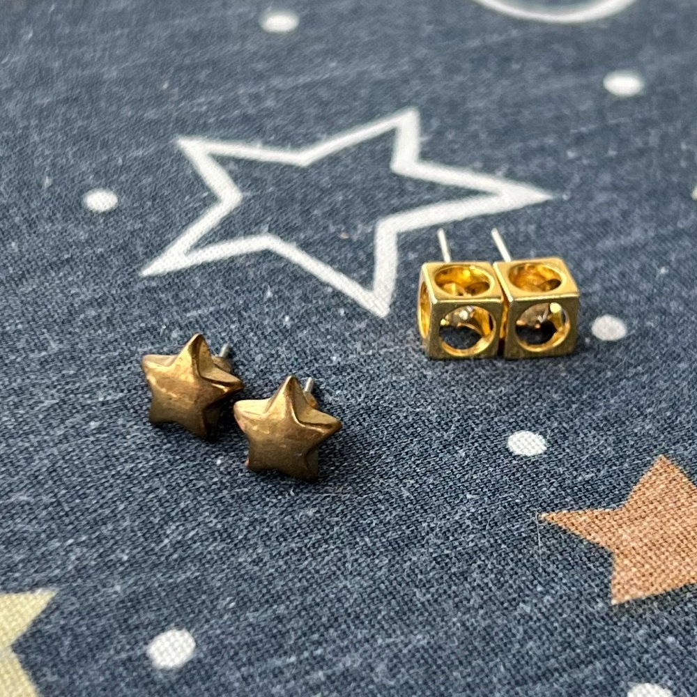 Vintage Brass Stars and Cube Stud Earrings